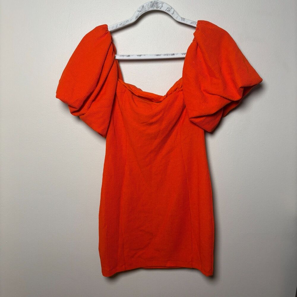 Free People FP Beach Mini Dress Women's S Orange Ribbed Puff Sleeve Off Shoulder